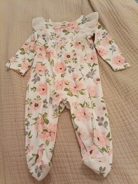 Baby Essentials Floral Ruffle Footie - Pink & Green